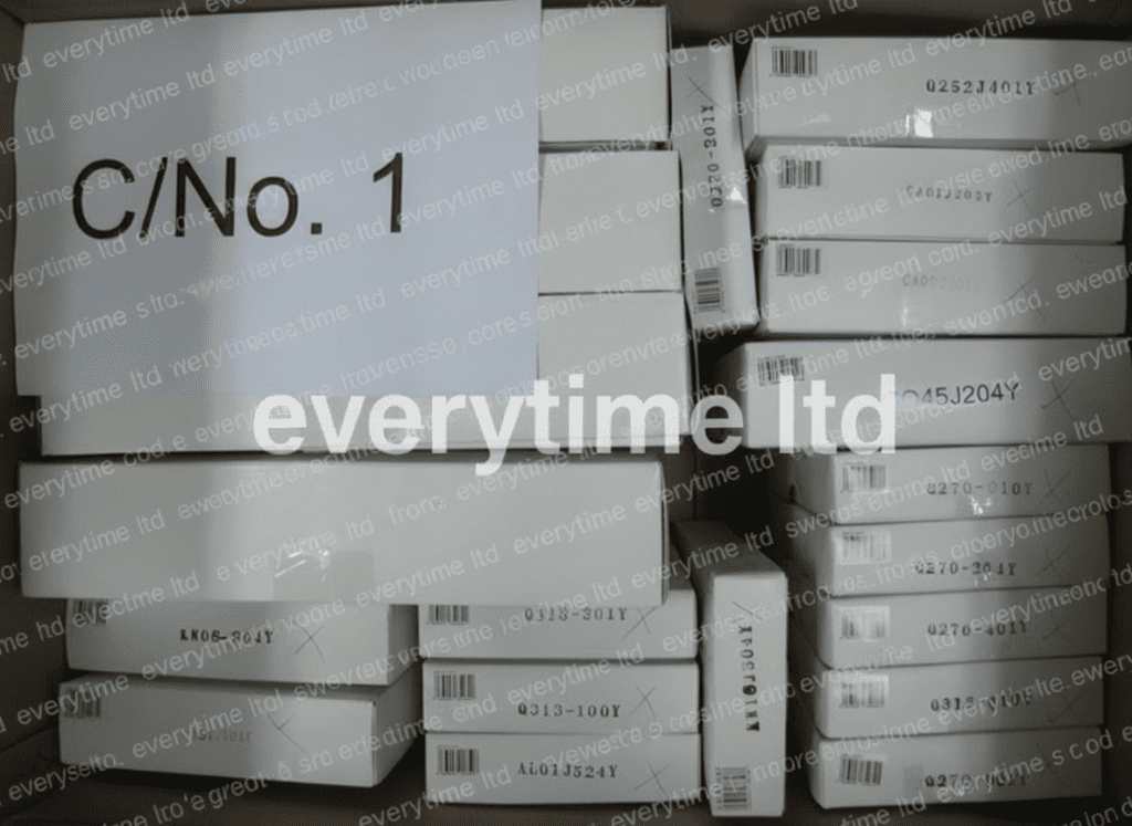 Bulk watch shipment carton with model stickers for global distribution